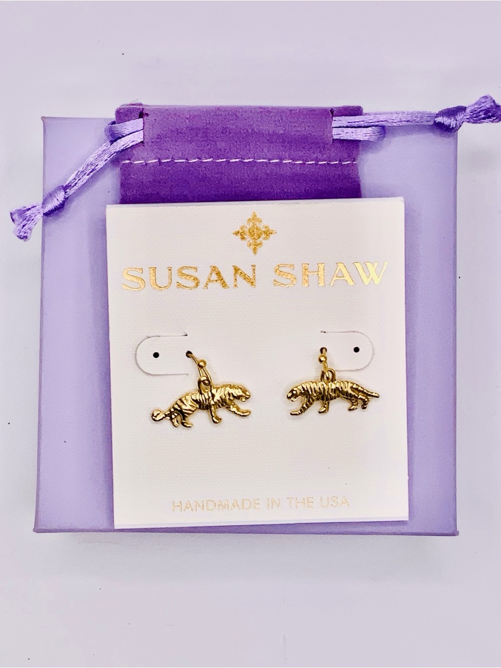 Susan Shaw Gold Tiger Charm Drop Earrings